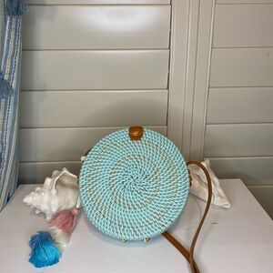 Rattan Handcrafted In Vietnam Rattan Round Purse Bag Turquoises Natural Tan